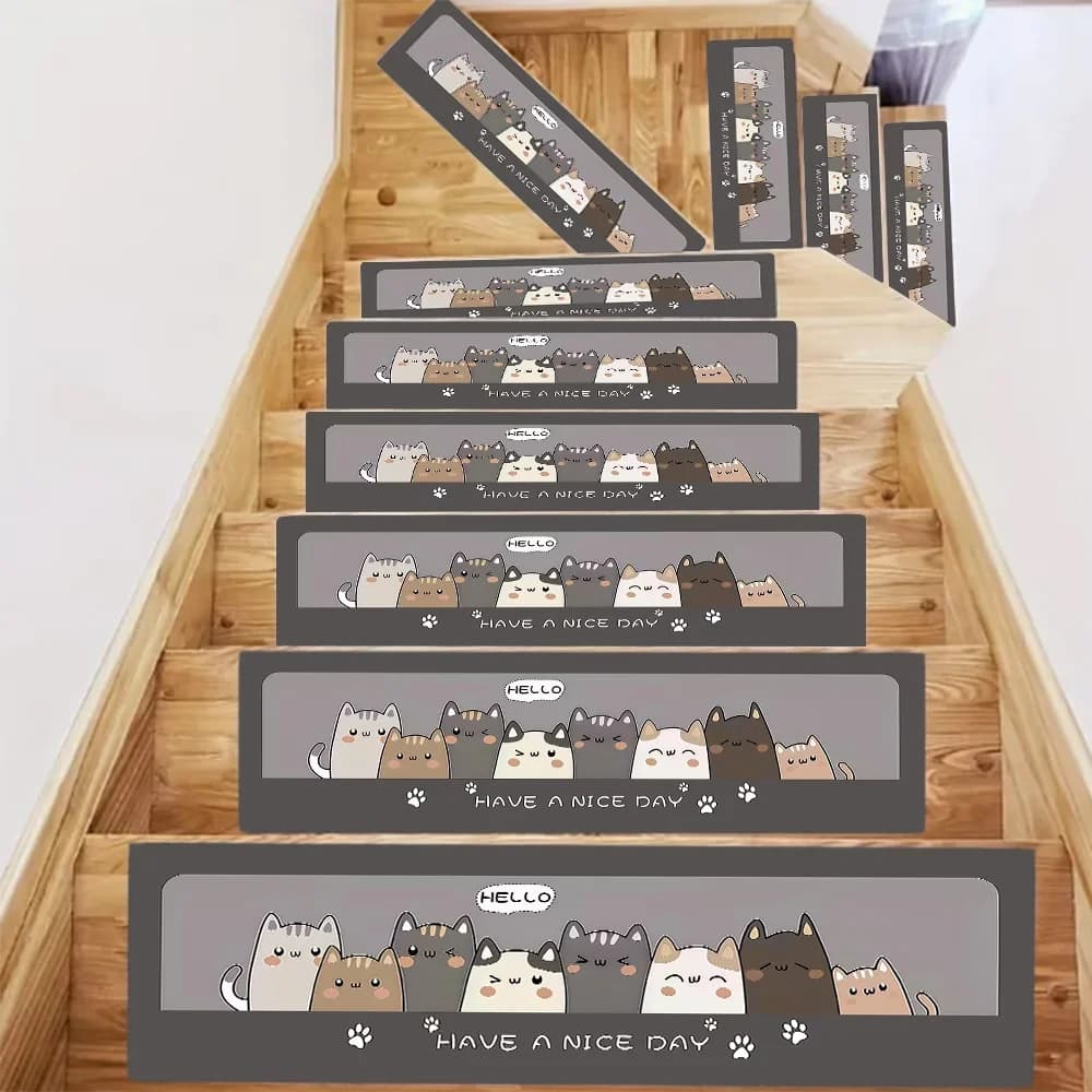 Tappetini per gradini con retro in gomma e design stampato con gatto dei cartoni animati, ideali per scale interne, silenziosi