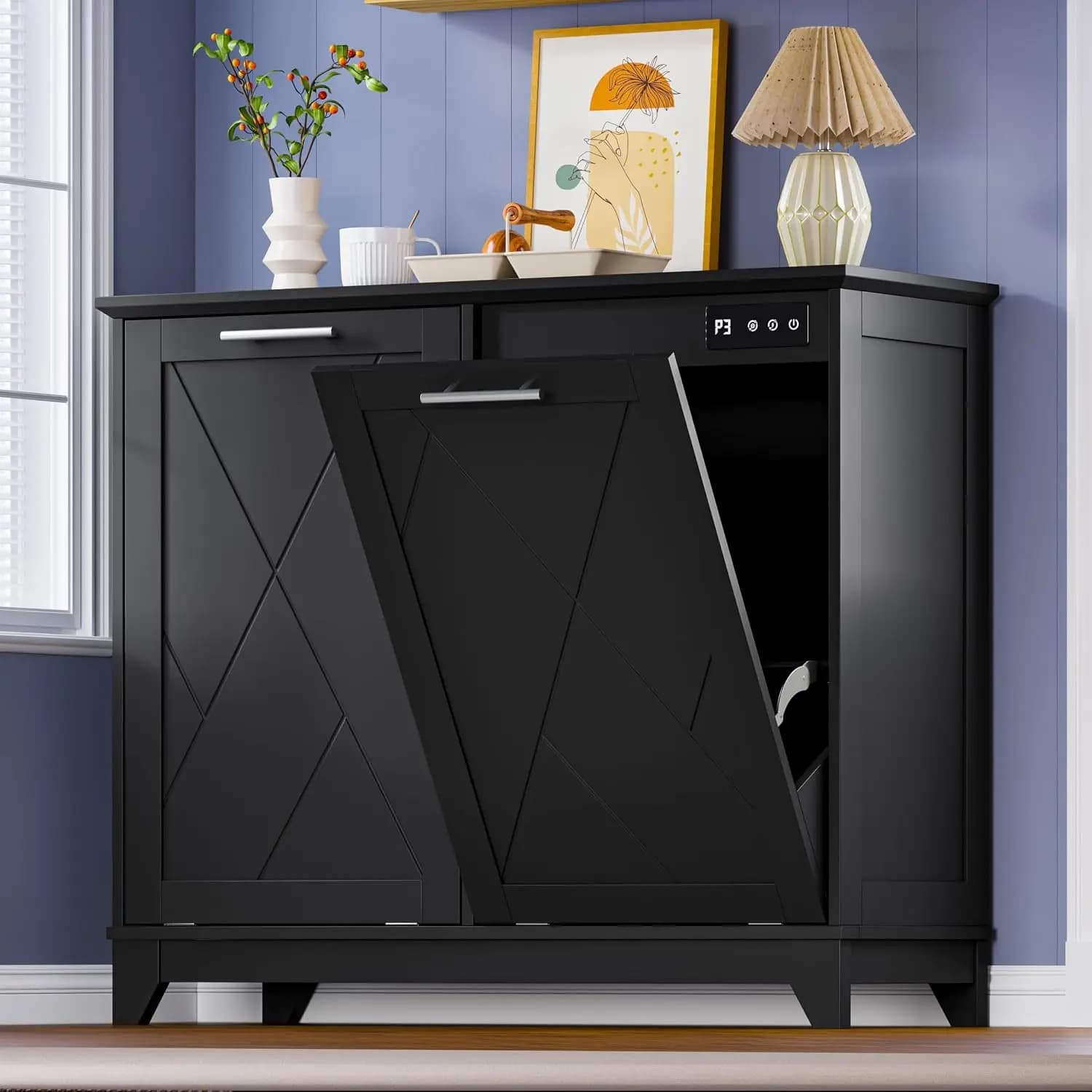 Tilt Out Trash Can Cabinet for 2 Bins, Hidden Recycle Garbage Bin Enclosure, Wooden Double Laundry Cabinet with, Customized