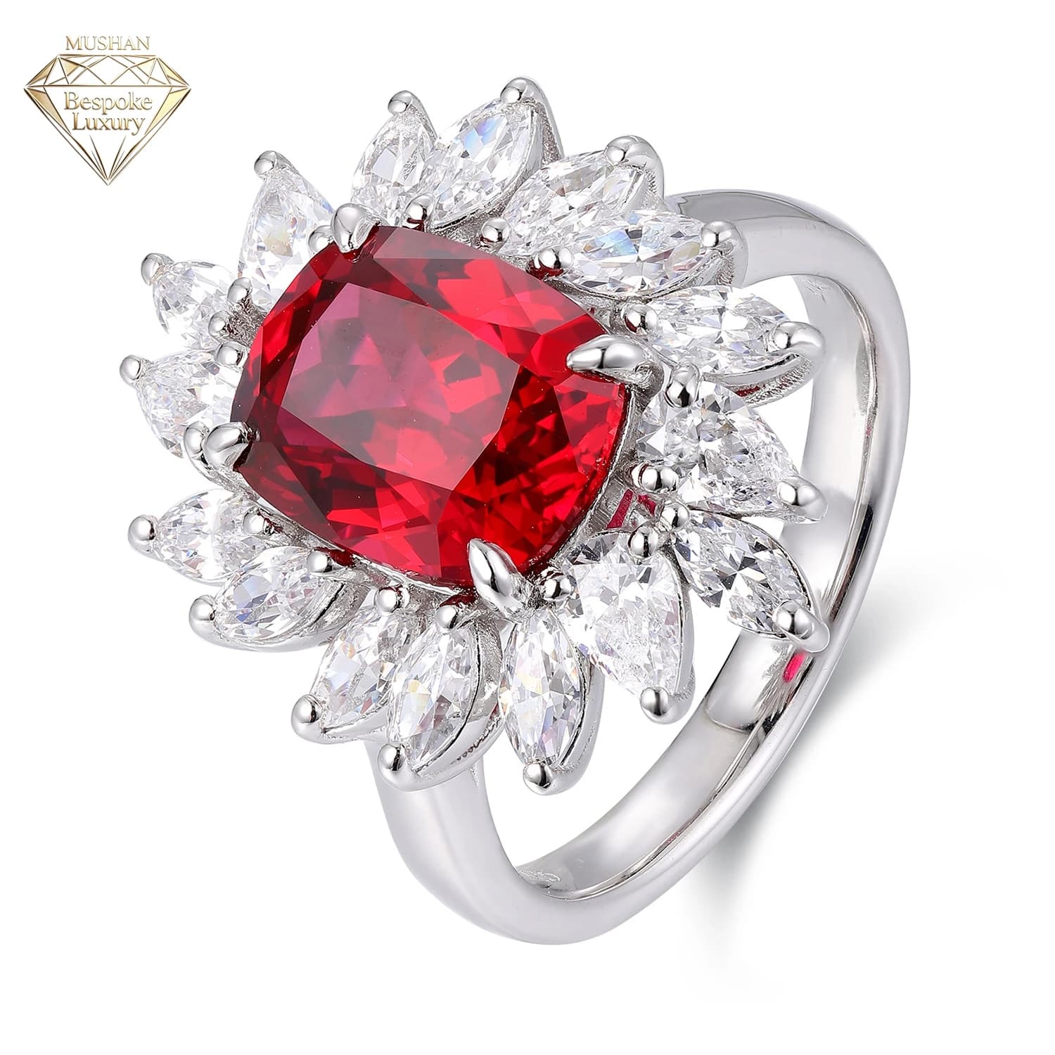 Anello di Lusso MuShan in Argento Sterling 925 con Rubino Sintetico Taglio Cushion, Placcato Oro 18K per Anniversario