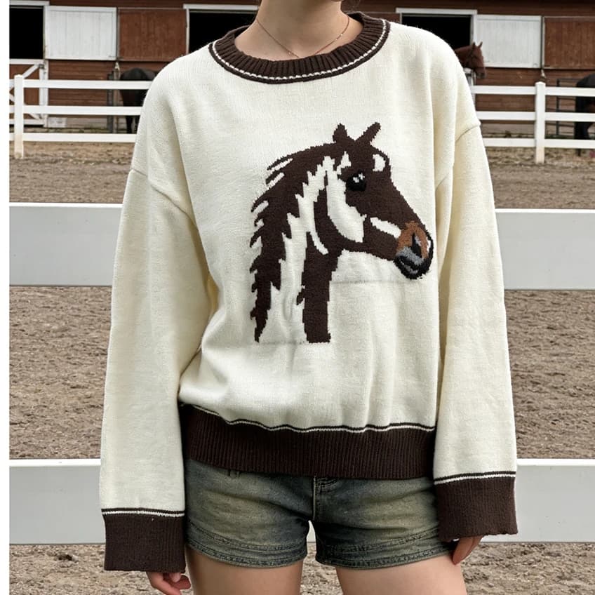 Maglione lavorato a maglia autunno inverno da donna alla moda, manica lunga, girocollo, stampa testa di cavallo, maglieria