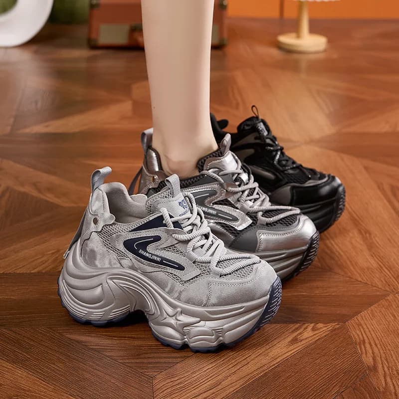 Women Chunky Sneakers Autumn Winter Fashion Breathable Mesh Casual Shoes with 9cm Height Increase