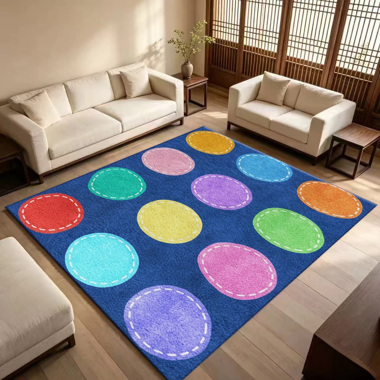 Navy Colorful Polka Dot Kids Area Rug Nursery Playroom Non-Slip Carpet