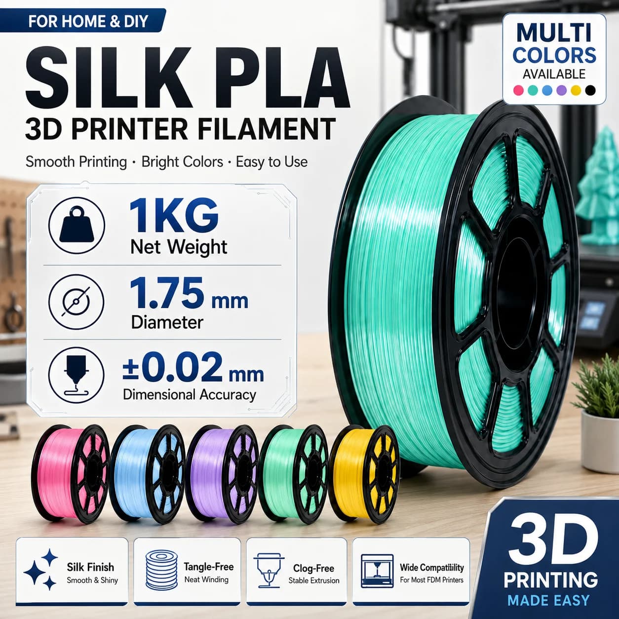 Premium Silk PLA Filament 1.75mm ±0.02mm Glossy Smooth 3D Printer Filament for FDM Printing DIY Models Home Decor 1KG