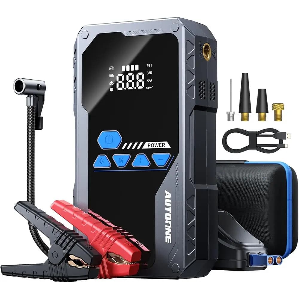 Avviatore di Emergenza Portatile 6000A con Compressore d'Aria, Gonfiatore per Auto 150 PSI, Torcia LED e Display LCD