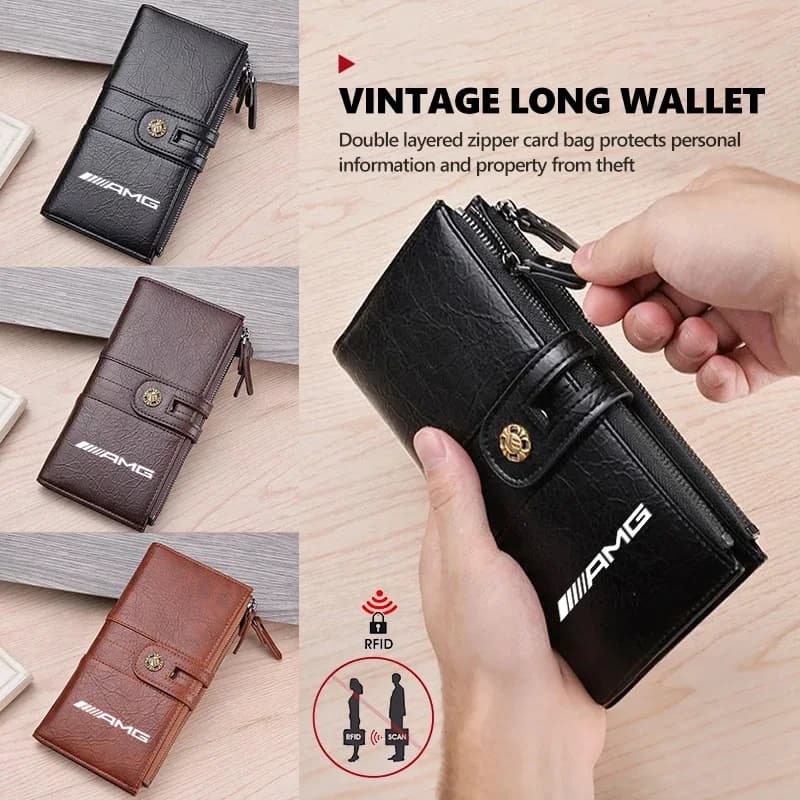 Leather Men Wallet Zipper Long Credit Card Holder Coin Purses For Mercedes Benz AMG C180 C300 W124 W176 W177 C200 C260 GLC CLE
