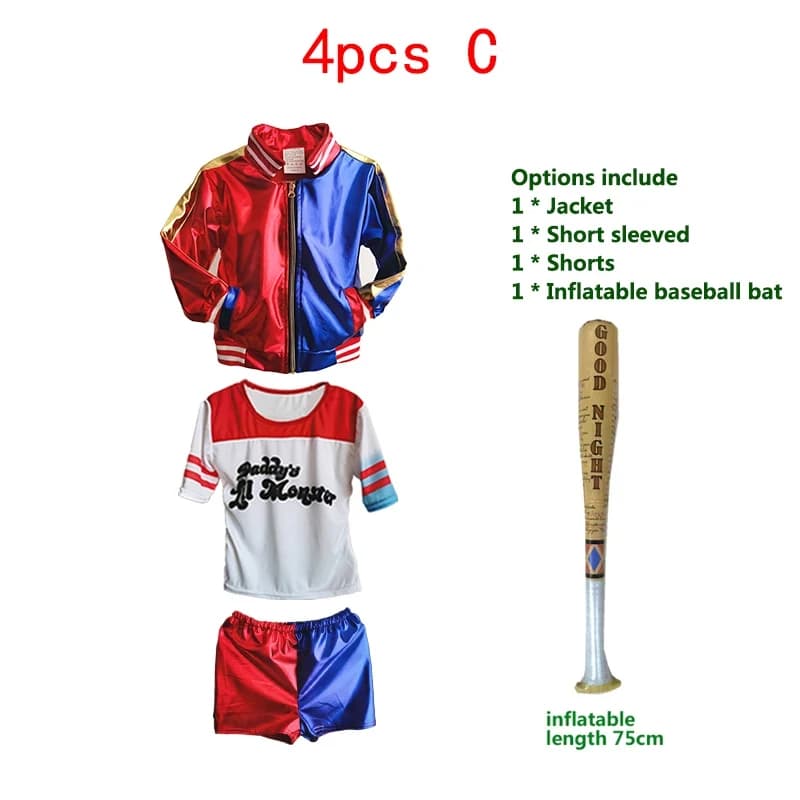 Costumi di Halloween per Cosplay ★ Set Completo per Bambini Quinn Squad Harley Monster: T-shirt, Giacca, Pantaloni e Accessori per Carnevale ☆ Nuovo