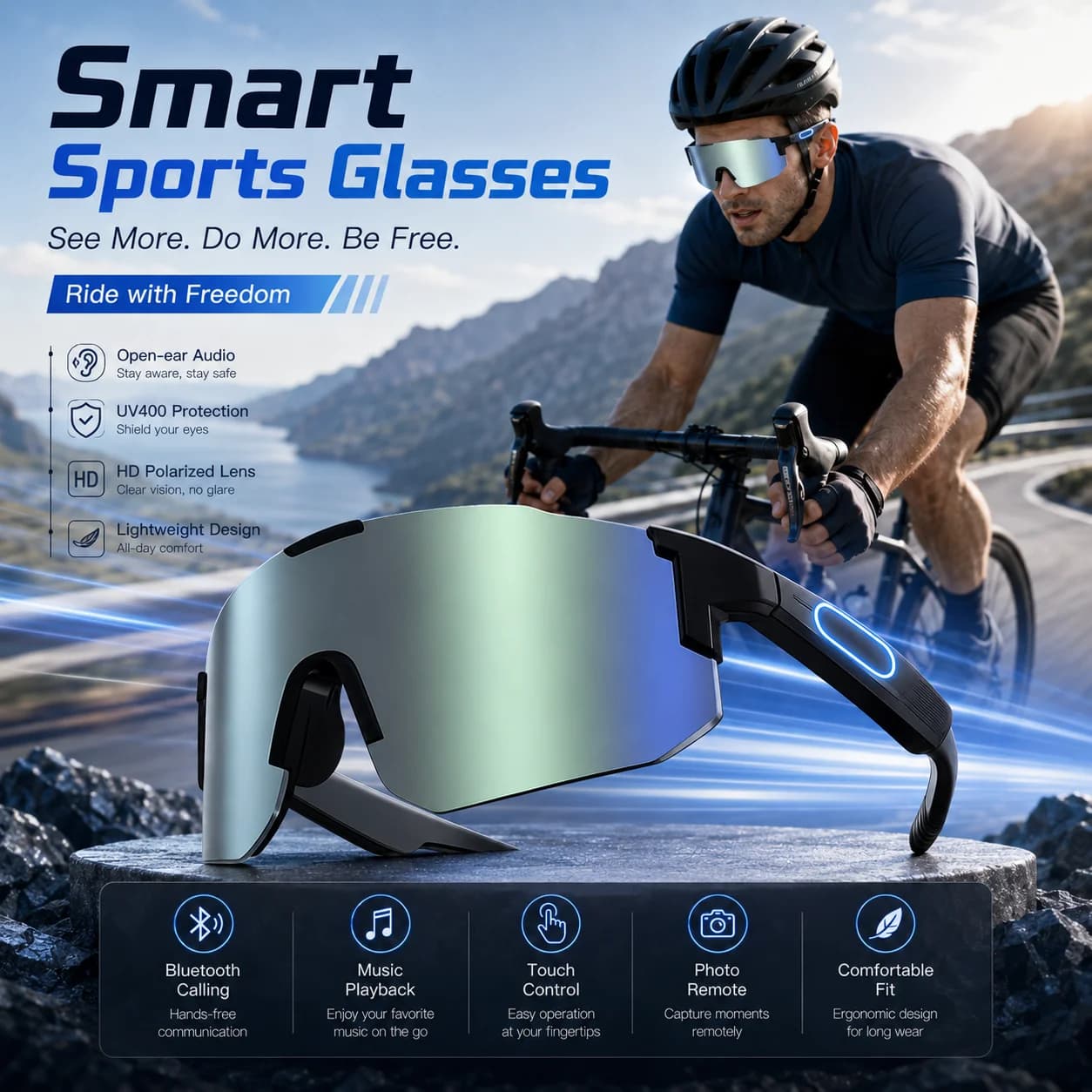 GL Wear Smart Cycling Glasses Bluetooth 5.3 Open Ear Stereo Sound Call Answer Music Control Volume Adjustment UV Protection