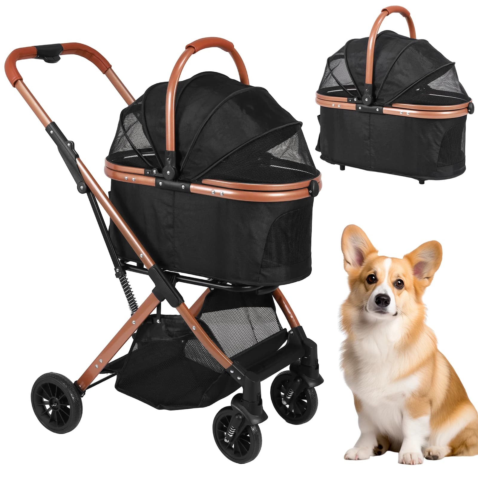 Passeggino Pieghevole con Cestello Rimovibile, Carrozzina da Viaggio Pieghevole e Ventilata con Parasole per Cani e Gatti di Piccola e Media Taglia