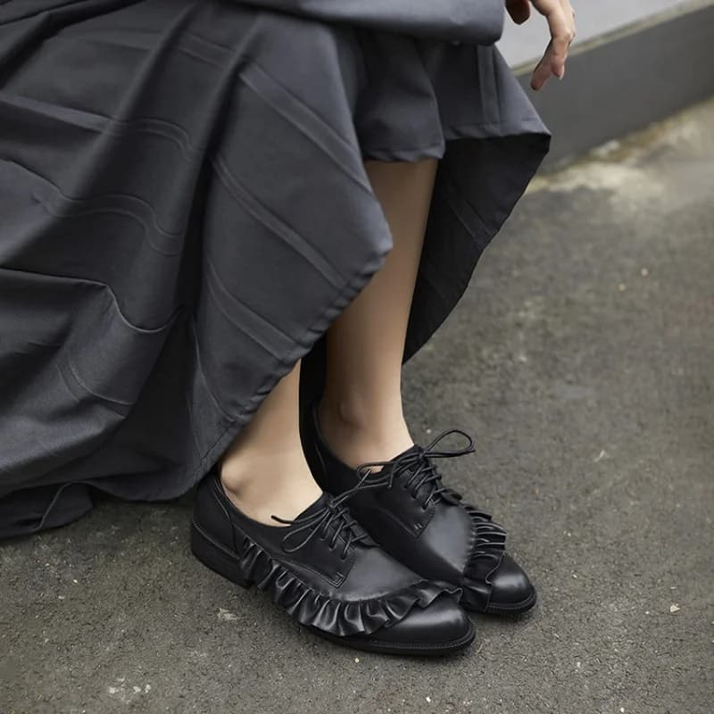 Fashion Ruffles Lace-up Genuine Leather Shoes Round Toe Mid Heels Loafers Summer Casual Party Women Pumps