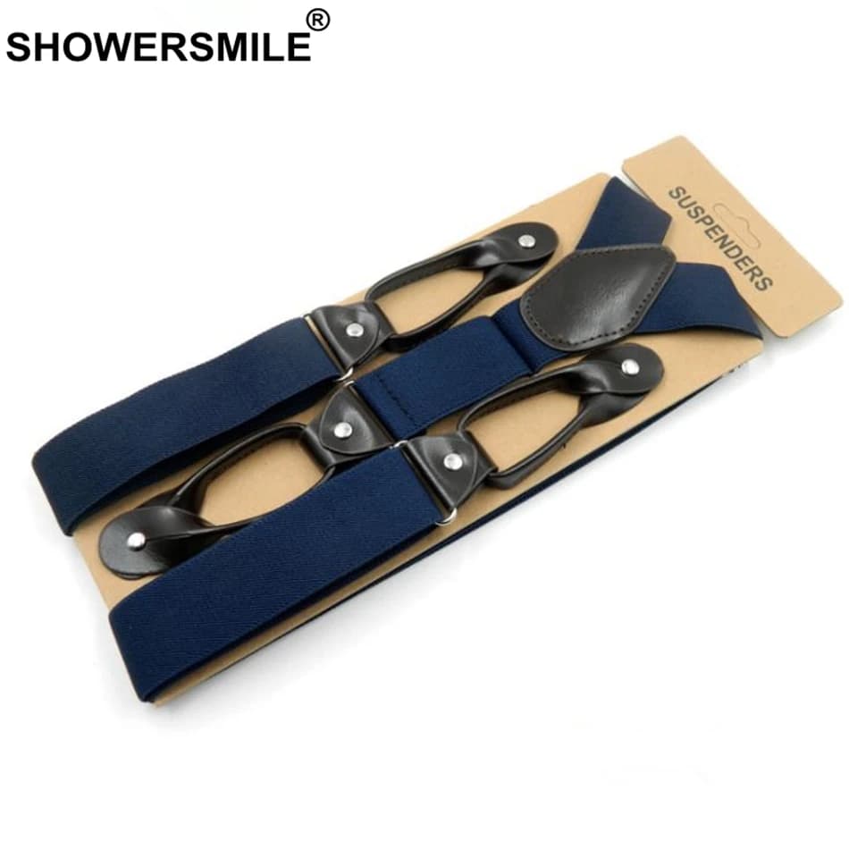 SHOWERSMILE Bretelle con bottoni Bretelle larghe da uomo Solido cinturino per pantaloni vintage in pelle blu scuro Cintura da uomo per pantaloni 120 3,5 cm