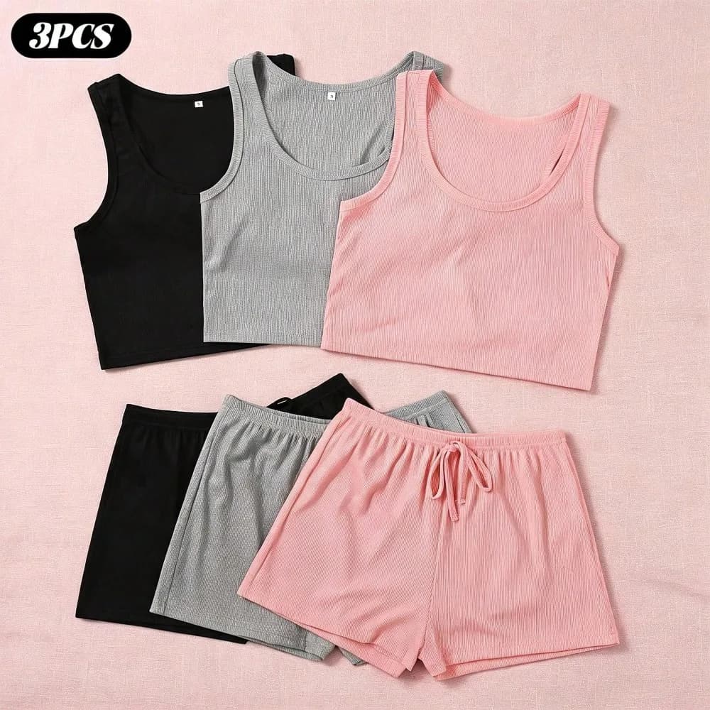 Set loungewear da donna in 3 pezzi, canotte senza maniche con pantaloncini con coulisse, pigiami morbidi e casual