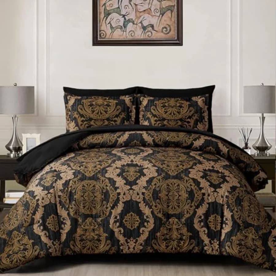 Comforter Set Size Damask Texture 7 Pieces Bed in a Bag Microfiber Comforter Bedding Sets -1 Comforter 1 Flat Sheet 1 Fitted Sh