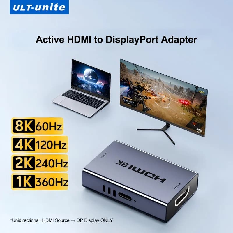 Adattatore HDMI a DP Attivo, 8K 60Hz 4K 144Hz 1080P 360Hz, Alimentato tramite USB-C, G-Sync VRR, per PS5 Xbox PC Monitor, Convertitore HDMI a DP