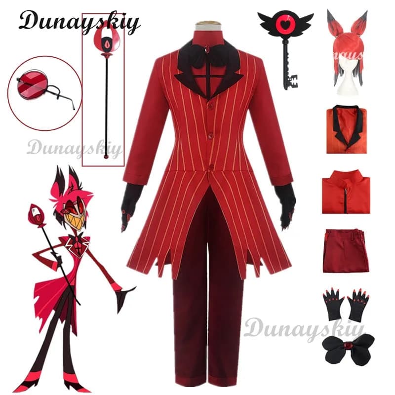 Costume Cosplay di Alastor Hazbin, Uniforme con Giacca Rossa e Pantaloni, Costume Anime per Uomo Adulto, Outfit per Halloween
