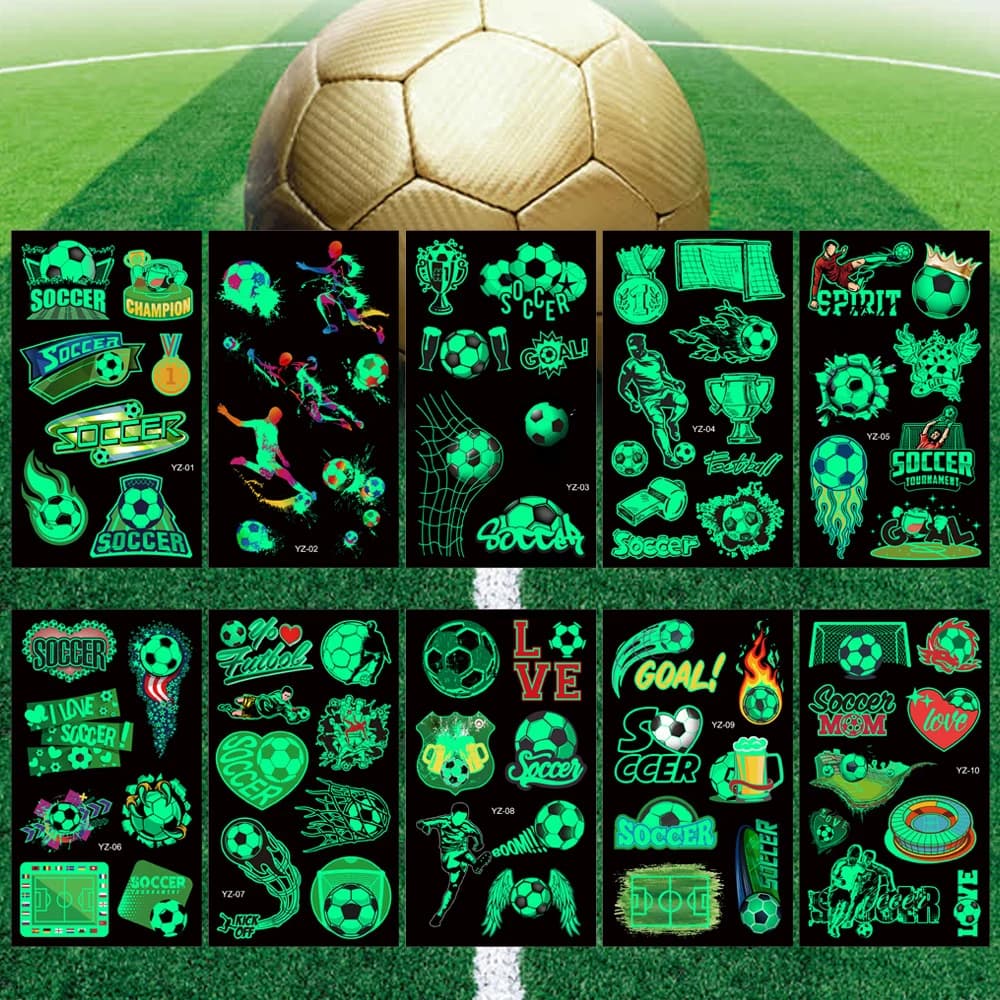 Set di 10 Adesivi Tatuaggio Luminosi a Tema Calcio, Basket e Cartoni Animati, Temporanei e Impermeabili per Viso, Braccia e Corpo, per Bambini