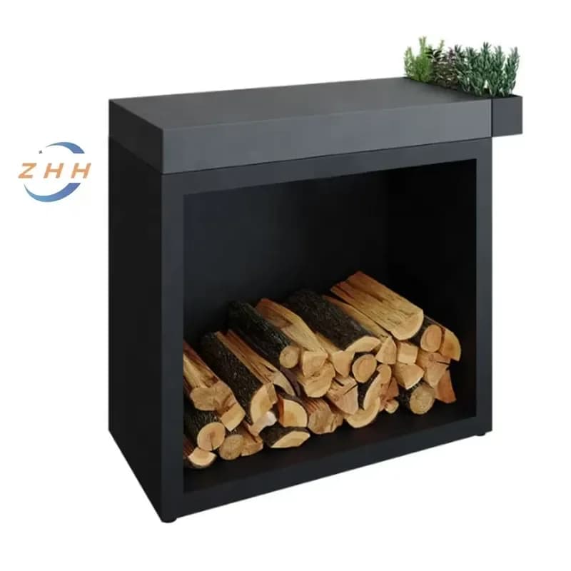 Table with Box for Firewood Cutting Steel, Movable, Rusted or Black Powder Coated. Very Sturdy, Equipped with Chopping Board.