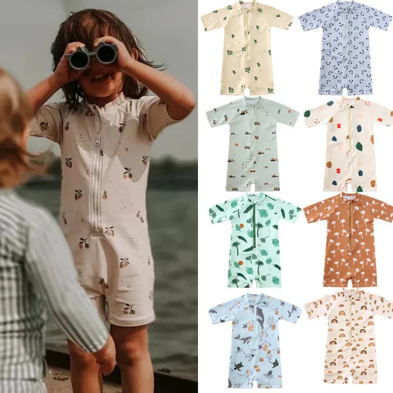 New Baby Boys Protection Solar Swimwear Summer Kids Pattern Floral Striped Zipper Swimwear Girls Beach Printed Hot Swimming 1-8 Years