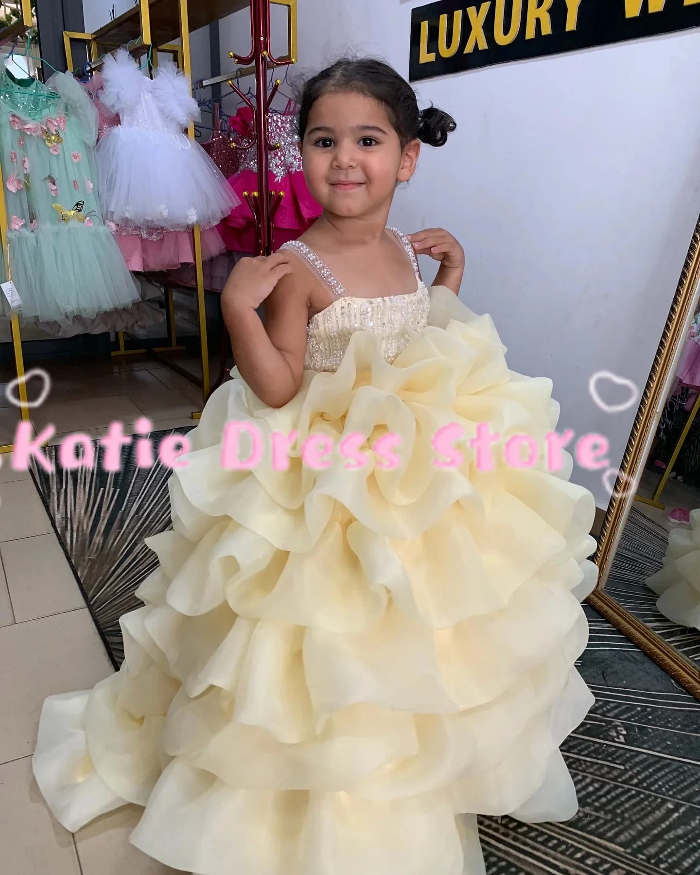 Elegante abito da damigella d'onore per matrimonio, in tulle con paillettes, a strati, gonfio, per bambini, per feste di compleanno, Prima Comunione, abiti da ballo personalizzabili