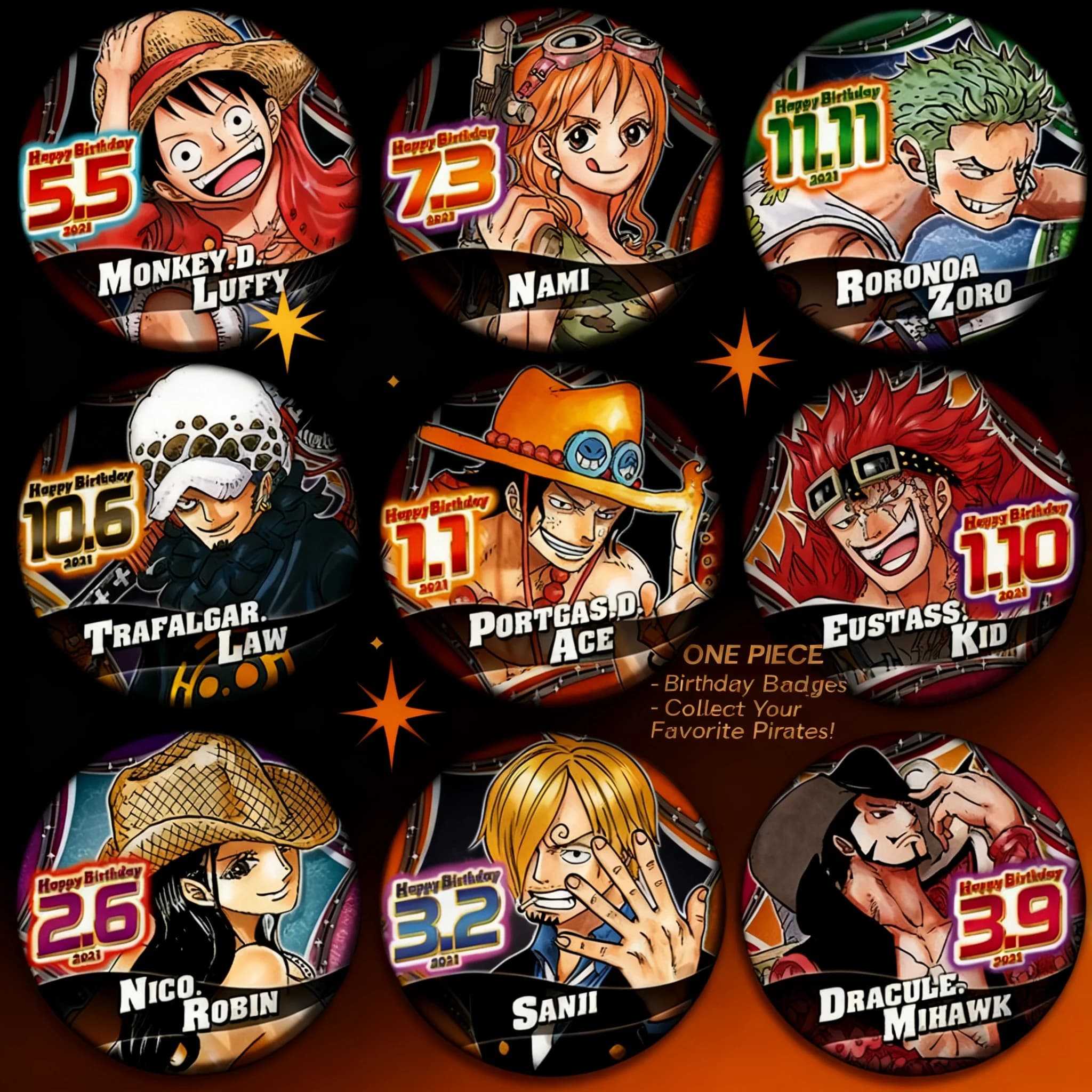 Badge Anime One Piece Set with Luffy, Ace, Zoro, Robin, Sanji, Backpack Accessories, Birthday Gift, China Product