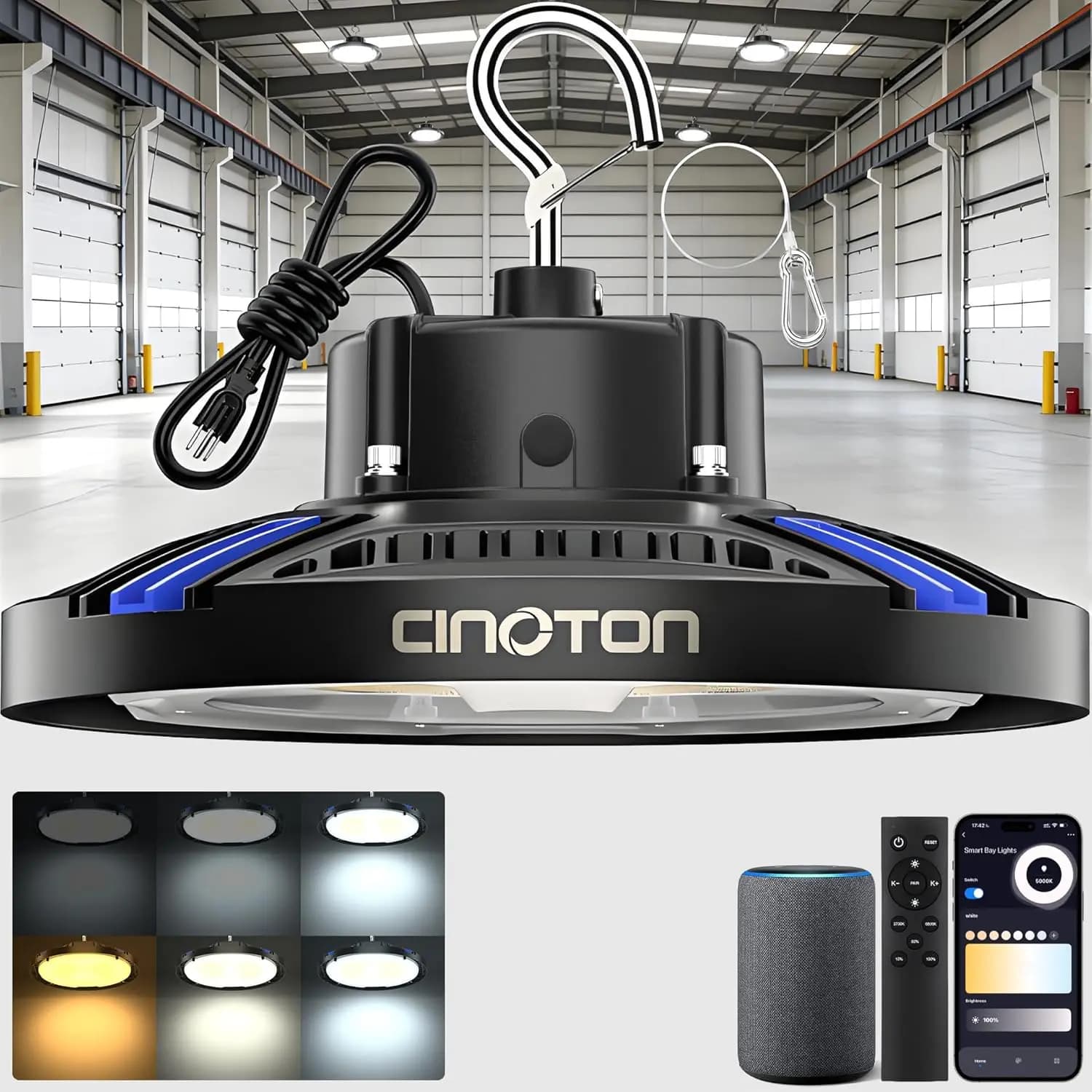 Lampada LED UFO Smart High Bay 150W, Illuminazione Dimmerabile per Officina e Fabbrica con Controllo APP/Alexa, Certificata ETL