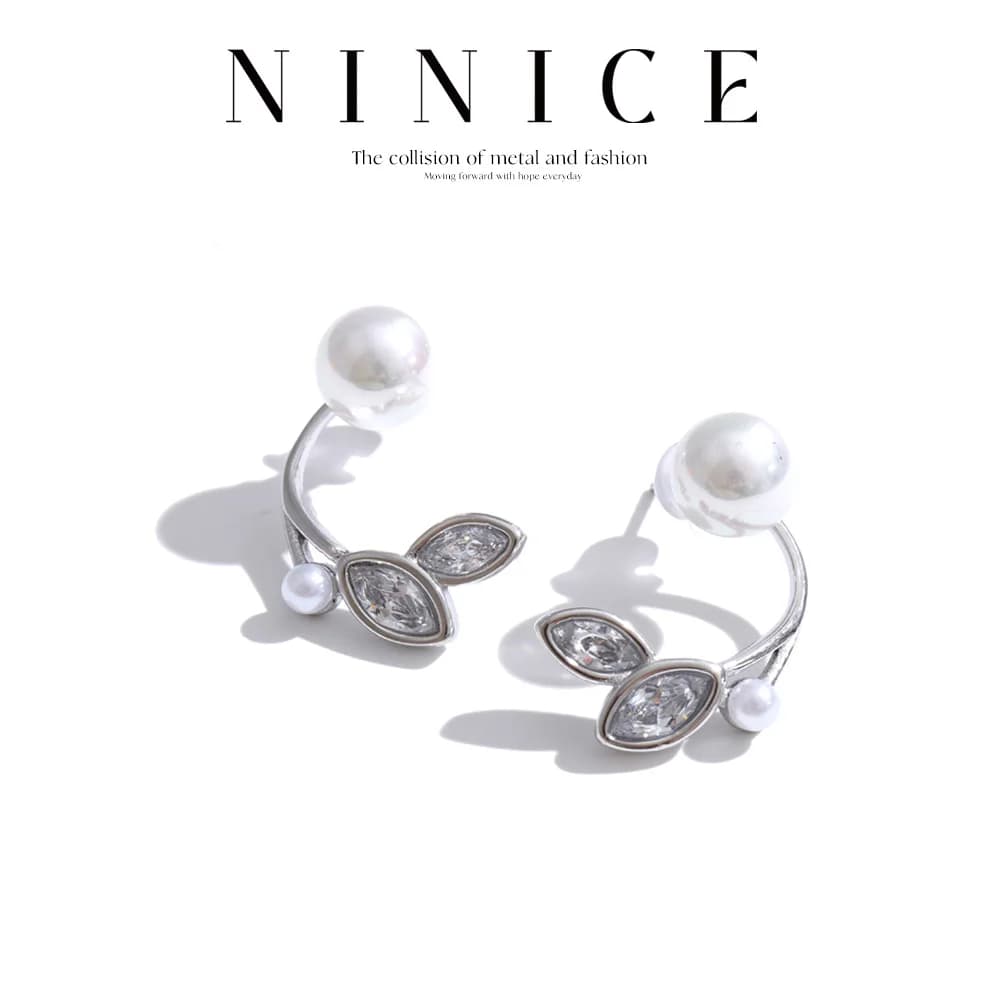 NiNice Stainless Steel Zirconia Simulated Pearls Leaf Stud Earrings for Women Elegance Popular Chic Daily Jewelry