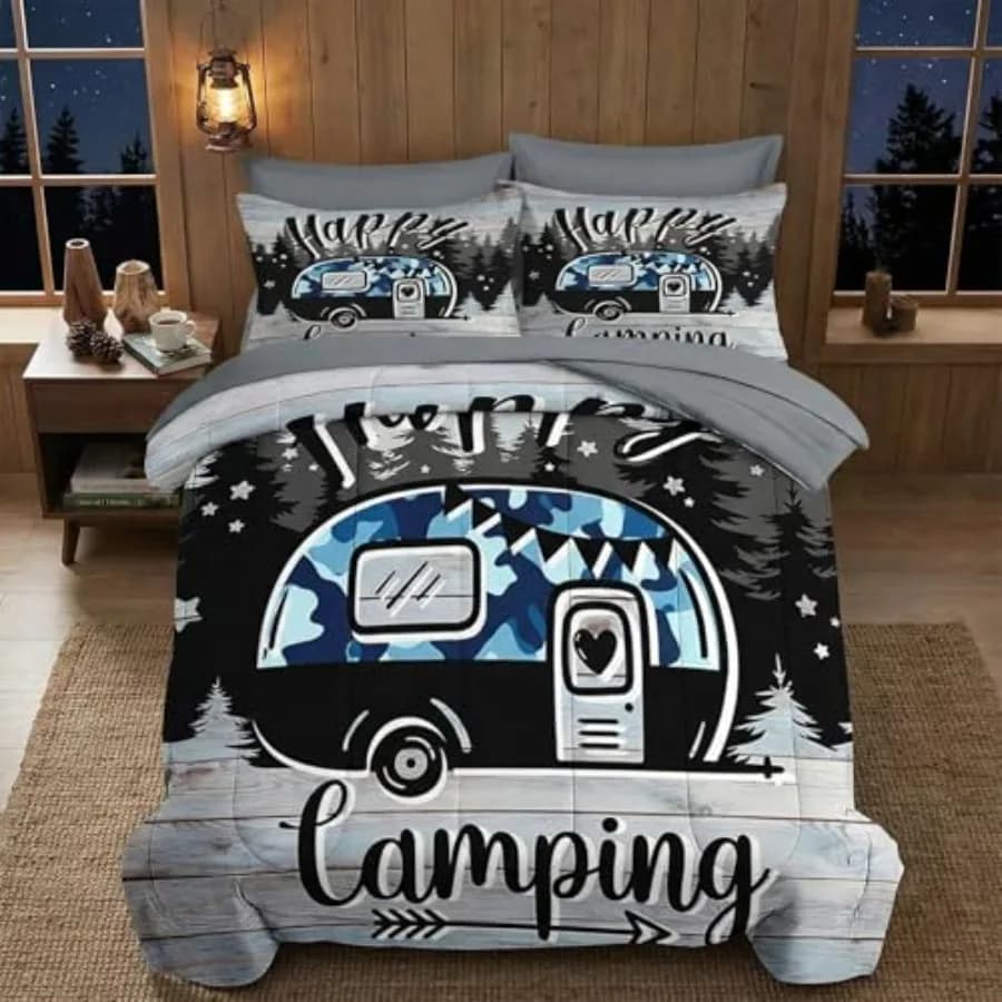 Set Copripiumino 7 Pezzi, Set Biancheria da Letto Vintage in Legno RV per Adulti, Set Lenzuola Happy con Lenzuolo con Angoli e Federe