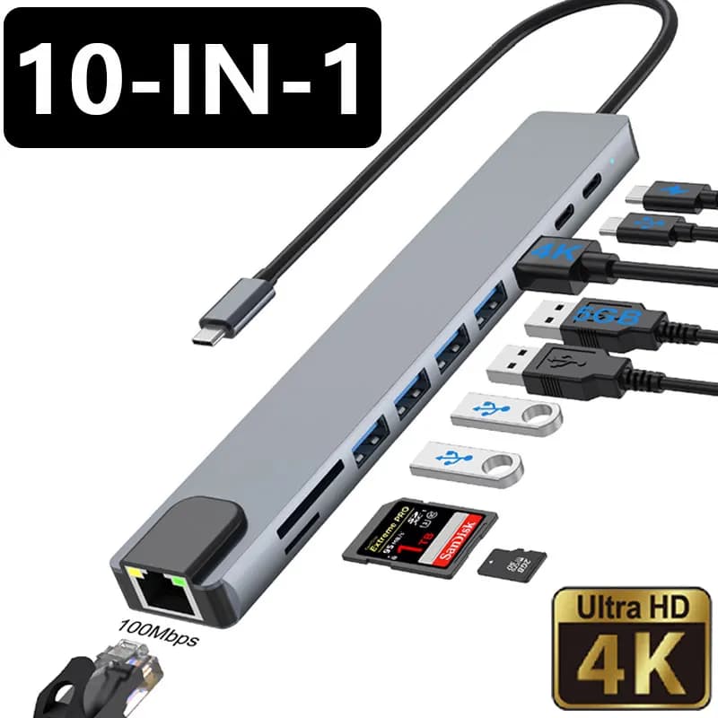 Hub USB-C 10-in-1, Uscita Video 4K HDTV, PD 100W, Ethernet RJ45, USB 3.0, USB 2.0, Lettore di Schede SD TF, Adattatore Multiporta