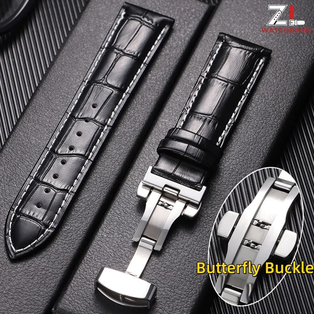 Genuine Calfskin Leather Watchbands Replace Bracelet 12/13/14/15/16/17/18/19/20/21/22/23/24mm Butterfly Buckle Wristwatch Straps