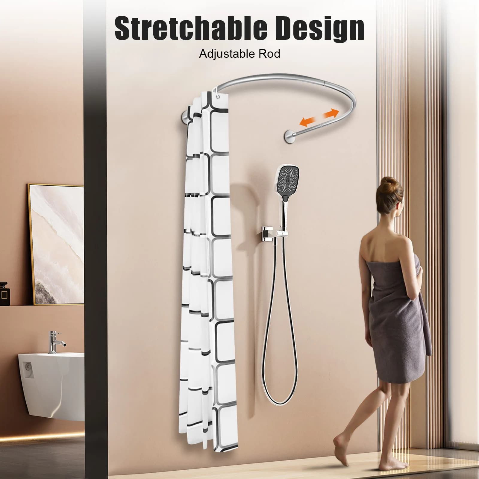 Set of shower curtains, rods for curved shower curtains, bathroom shower curtains without U-shaped punching