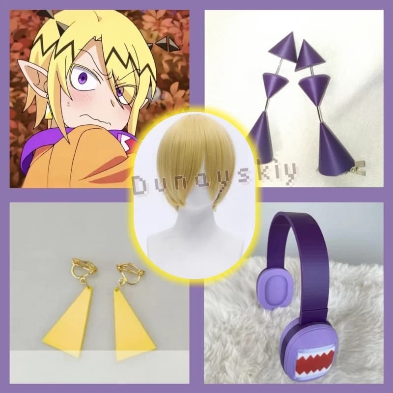 Shax Lied Cosplay Copricapo, anime Welcome To Demon School! Complete Set of Accessories Iruma-kun: Wig, Earrings, Headphones, Microphone for Halloween and Carnival