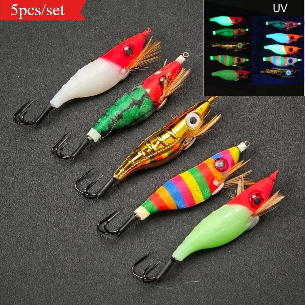 5PcsMixed Pattern Horizontal Squid Jigs Luminous EGI Lures 3D Eye Single Treble Hook Artificial Shrimp Bait