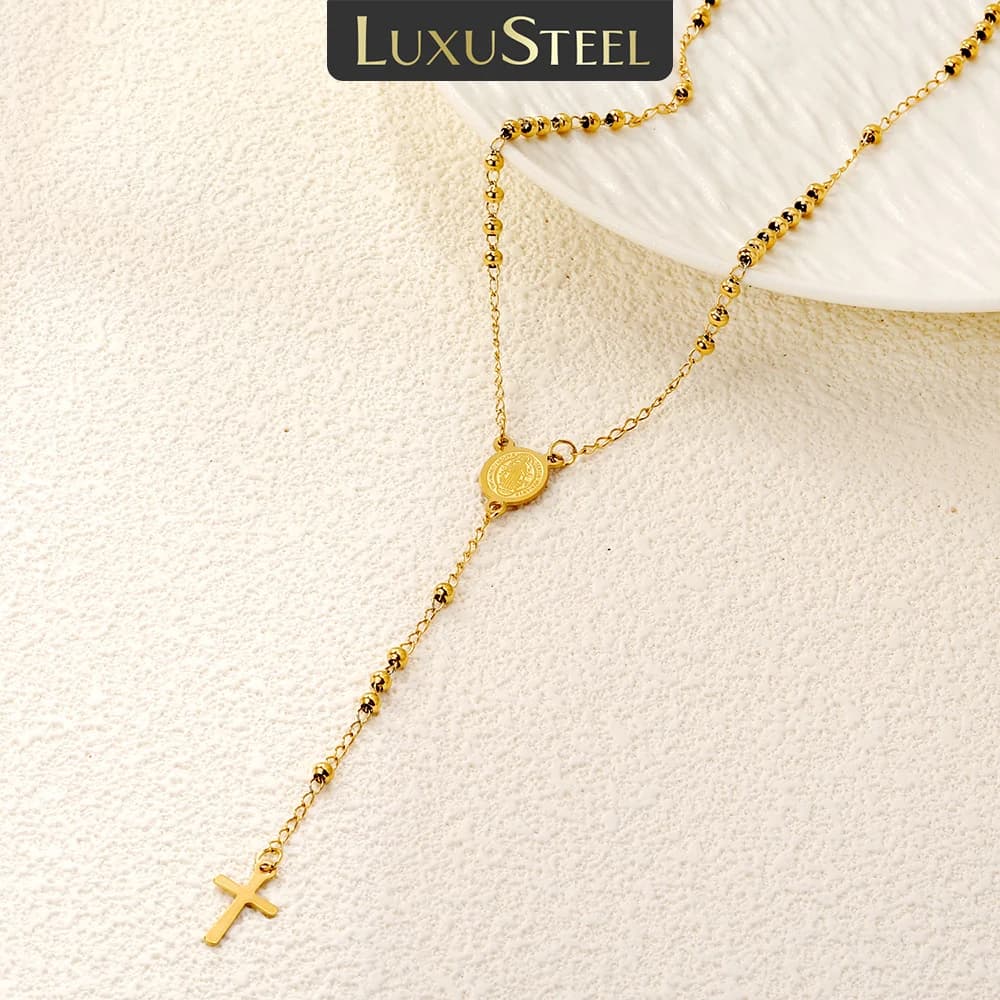 LUXUSTEEL Golden Cross Jesus Necklace For Men Women Virgin Mary Pendant Stainless Steel Long Necklace Bead Chain Jewelry