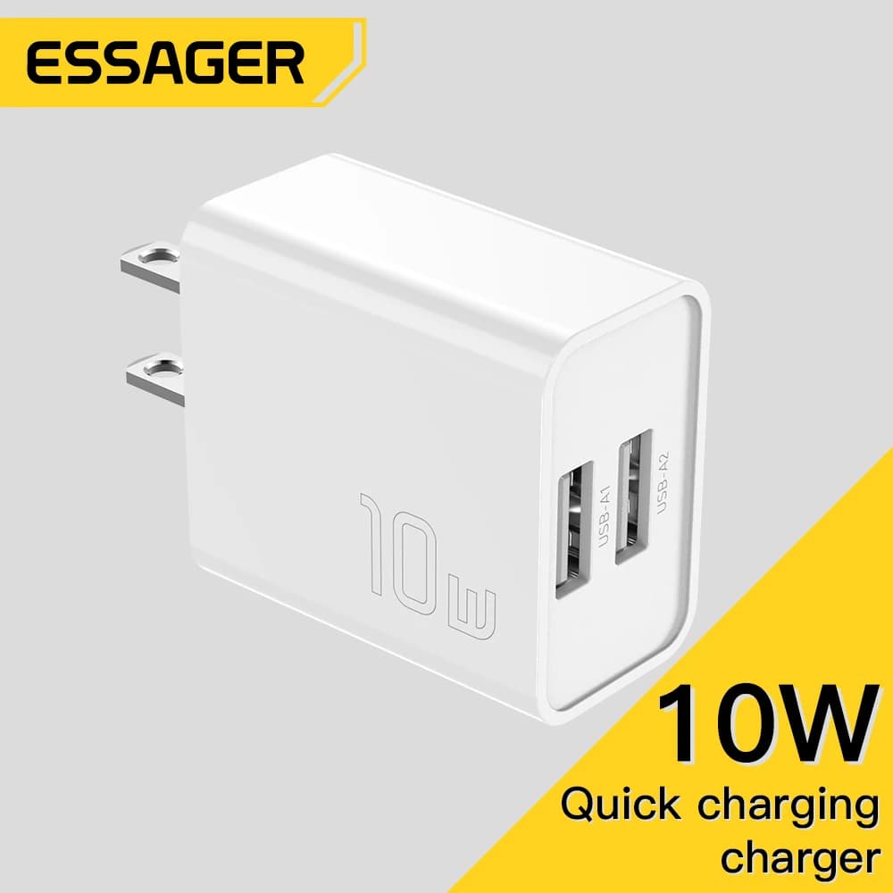Essager Caricatore per telefono Dual USB 10W Spina per caricabatterie US Adattatore per caricatore da muro portatile da viaggio per iPhone 14 13 Pro Max Xiaomi Huawei