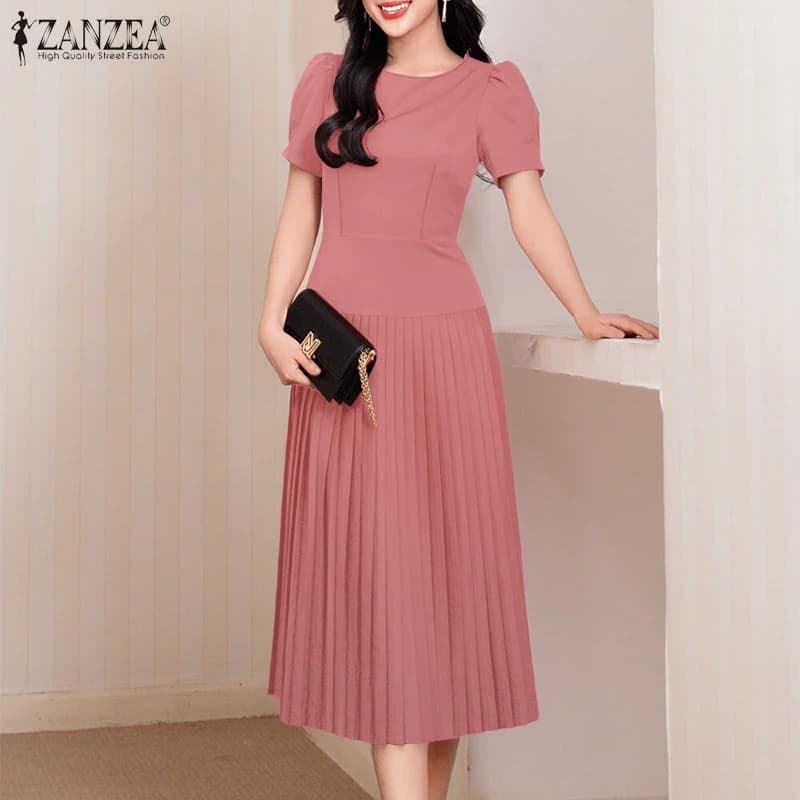 2026 ZANZEA Elegante Office Lady Abiti Elegante Estate Vestito Estivo da Donna Manica Corta a Soffio Vestito da Partito Solido Una Linea di Pieghettato Veste