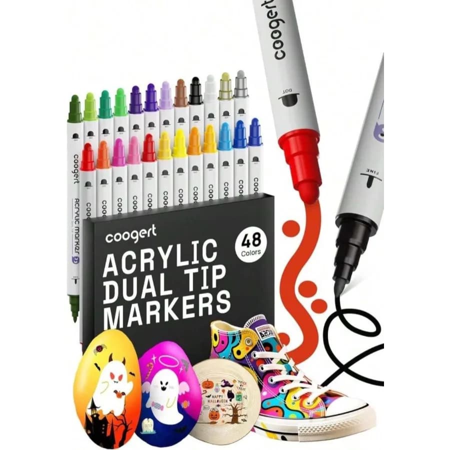 Coogert 24 Dual Tip Acrylic Paint Markers, Fine Tip And Dot Tip Acrylic Paint Pens For Rock Painting, Canvas, Wood, Glass, Cera