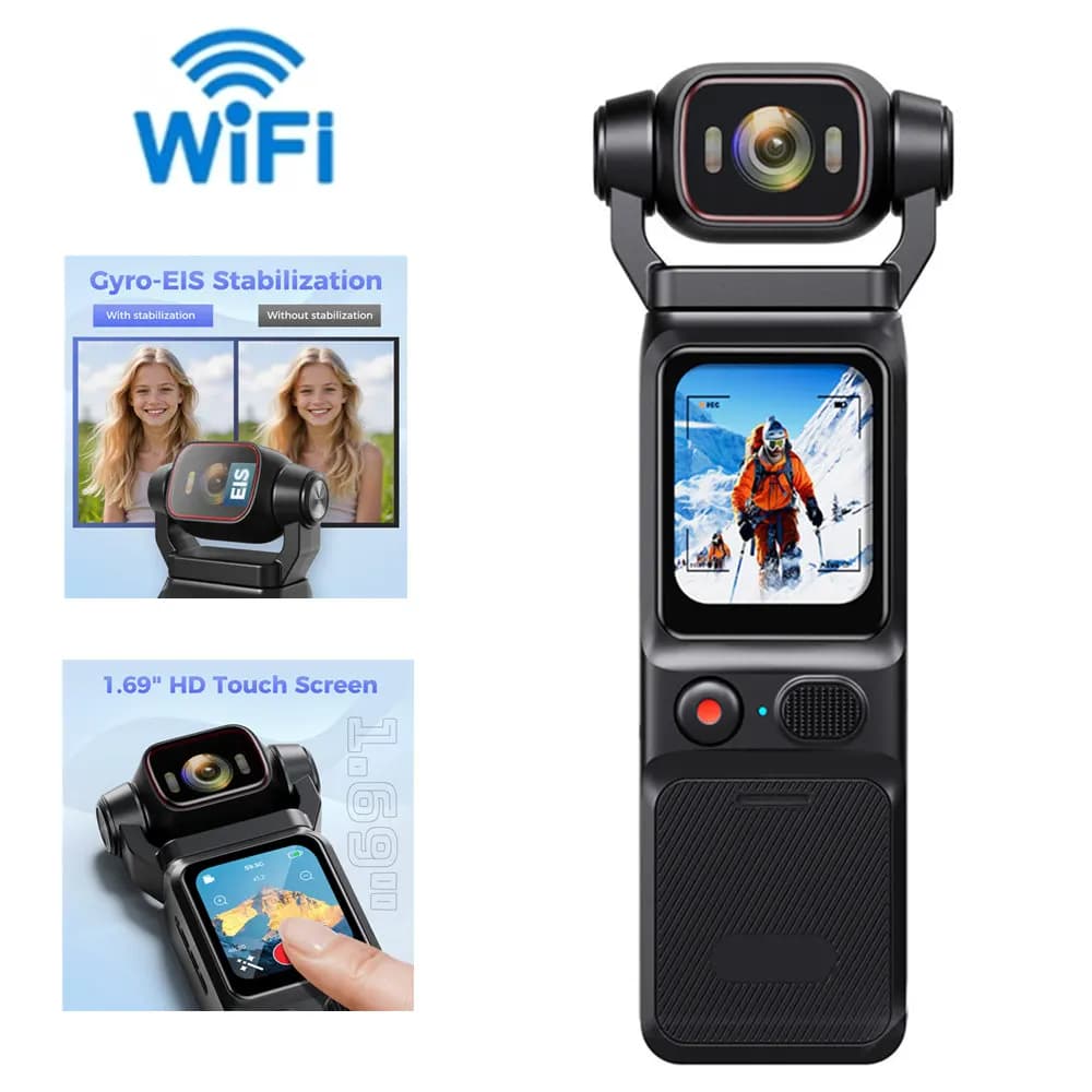 Action Camera WiFi 4K 6-axis gyroscope Anti-Shake BodyCam Rotatable lens 180, Pocket camera with 1,96" touch screen for outdoor travel Vlog