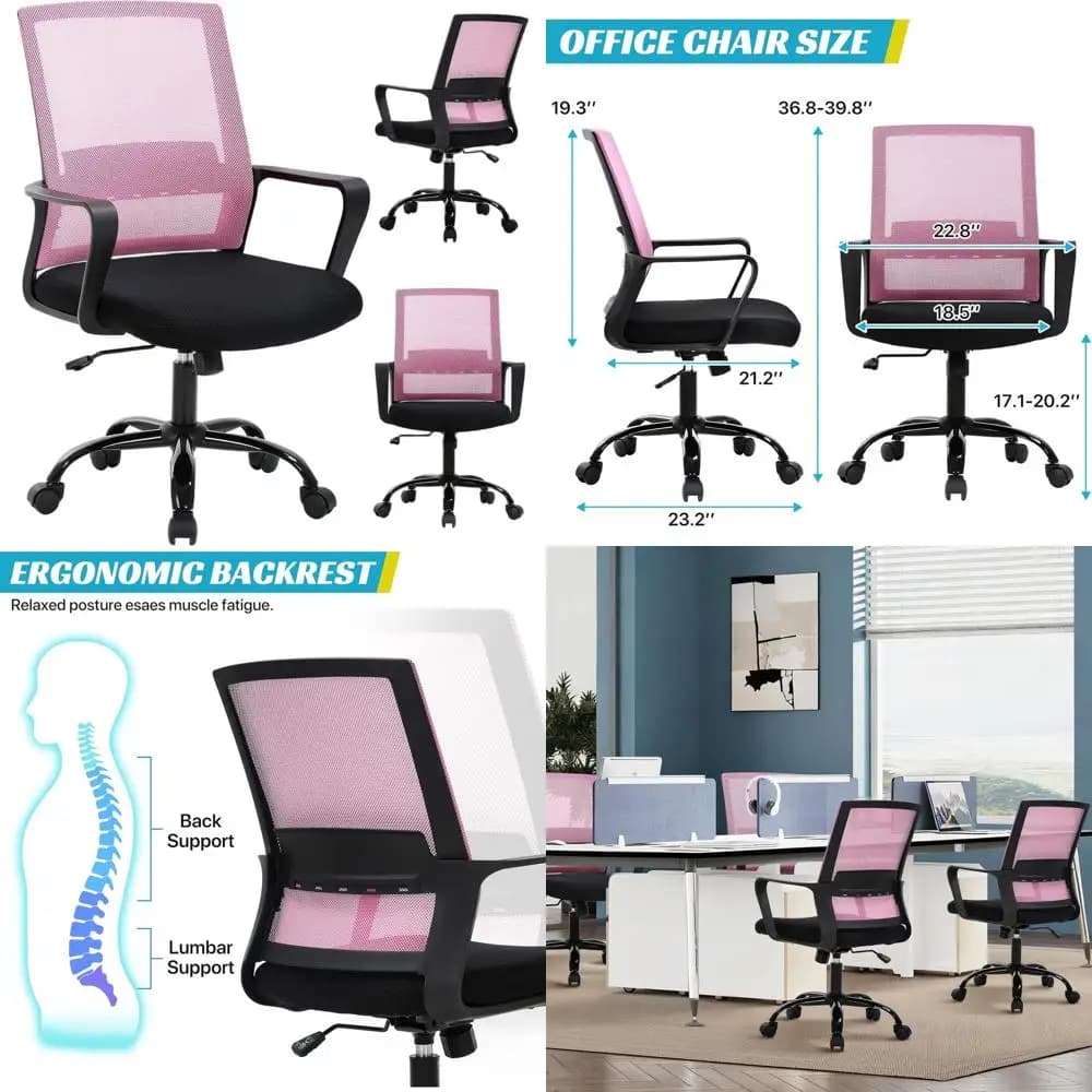 Sedia Girevole Ergonomica in Rete Traspirante con Altezza Regolabile per Ufficio Domestico, Gaming, Rosa