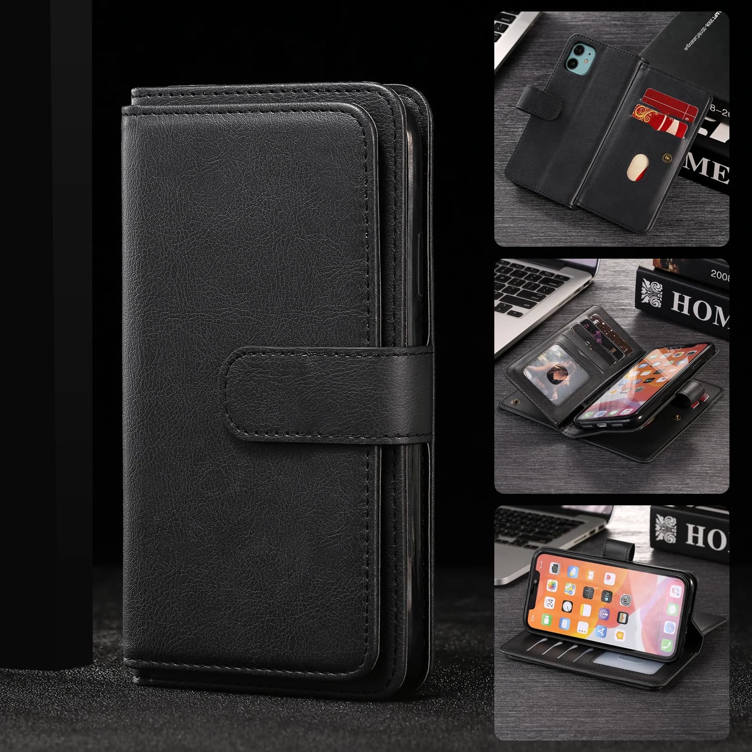 for iPhone 15 14 13 12 11 Pro Max Wallet Case[10 Card Slots]:Multi-Function,Flip Strap Zipper Card Holder Phone Case