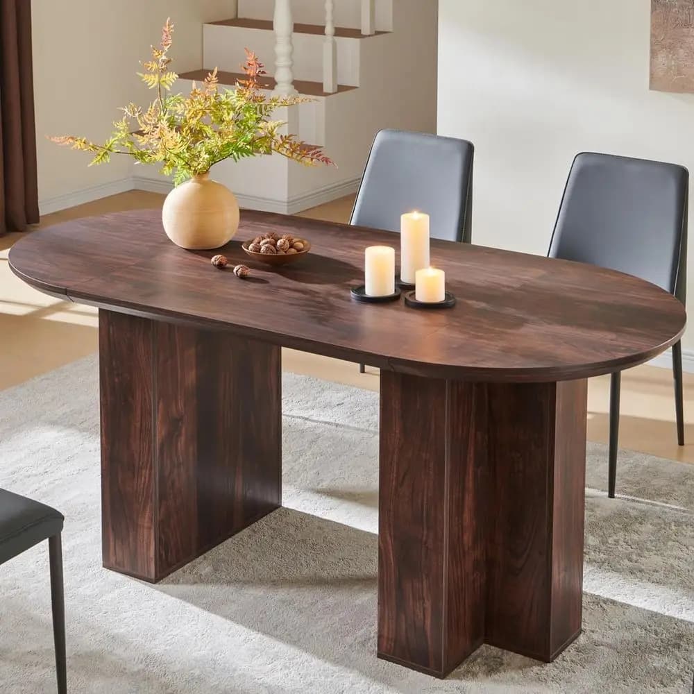 63 Thick Oval Walnut Dining Table with T-Shaped Base and Curved Edge for Kitchen or Dining Area