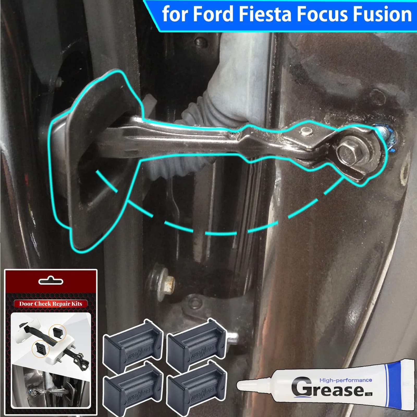 Kit di riparazione del tappo della cinghia di controllo della portiera dell'auto per Ford Fiesta Focus Fusion Mondeo Escape Check Assy Limitatore Braccio inceppamento Cerniera Smorzamento 2001