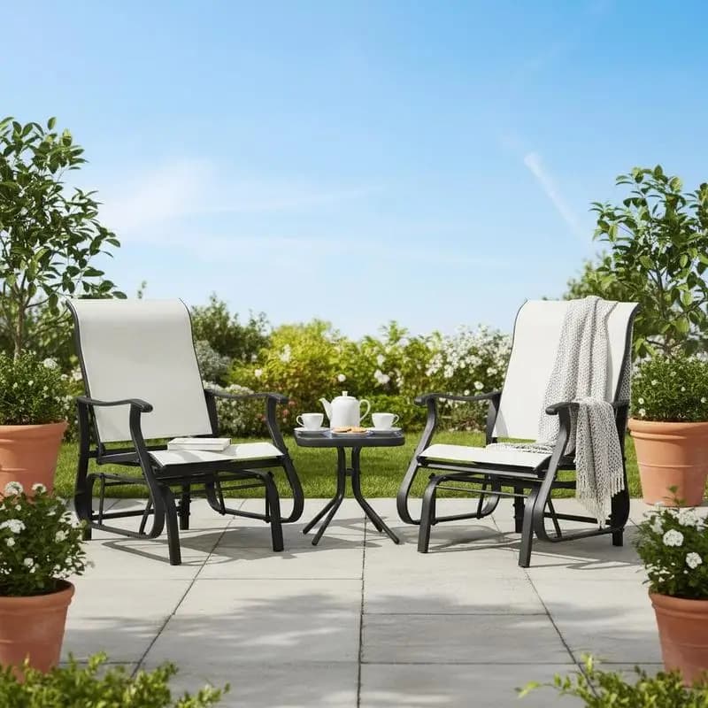 3PCs Gliding Rocking Chair & Bistro Tea Table Set, Cream White