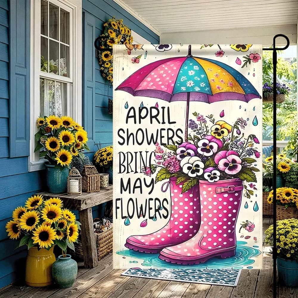 1 bandiera da giardino con stampa 'April Showers Bring May Flowers', stivali da pioggia a pois e ombrello floreale, decorazione per esterni