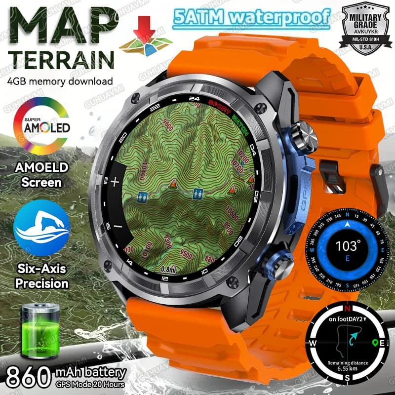 2025 Nuovo Terrain mappa GPS Smart Watch Memoria da 4 GB 6 Sistemi satellitari AGPS 5ATM Sensore impermeabile a sei assi Bracciale bussola 860 mAh