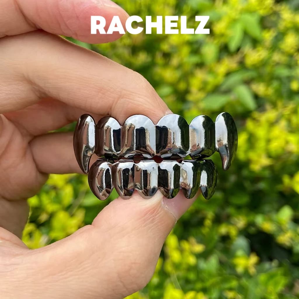 RACHELZ Hip Hop Zanne Nere Dente Grillz Placcato Oro 14K 6/6 Denti Caps Decor Griglie Dentali Per Le Donne Degli Uomini Gioielli di Halloween
