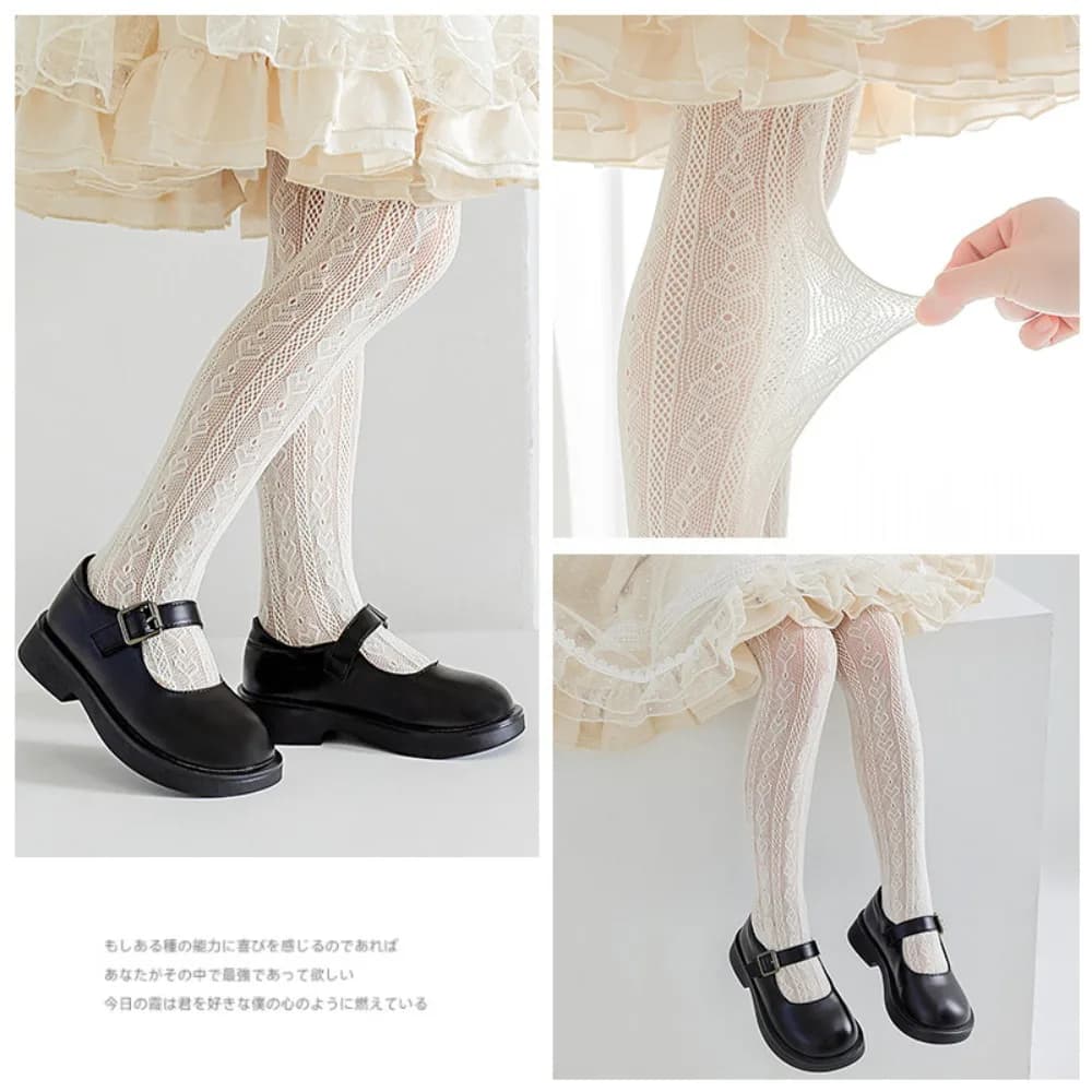 Collant per Bambini in Pizzo Sottile a Rete, Stile Lolita, Bianco, Tinta Unita