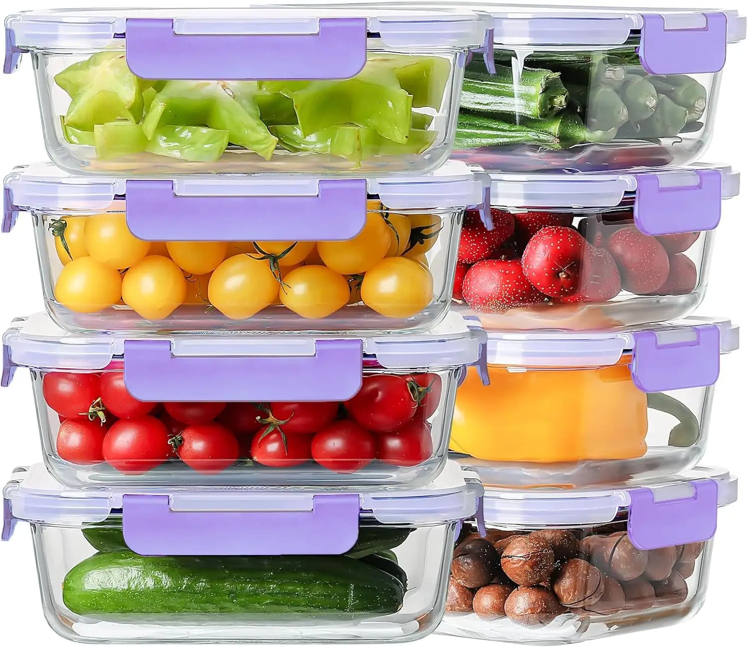Set di 8 Contenitori in Vetro da 36oz per Preparazione Pasti con Coperchi Ermetici, Adatti per Forno e Lavastoviglie, Viola