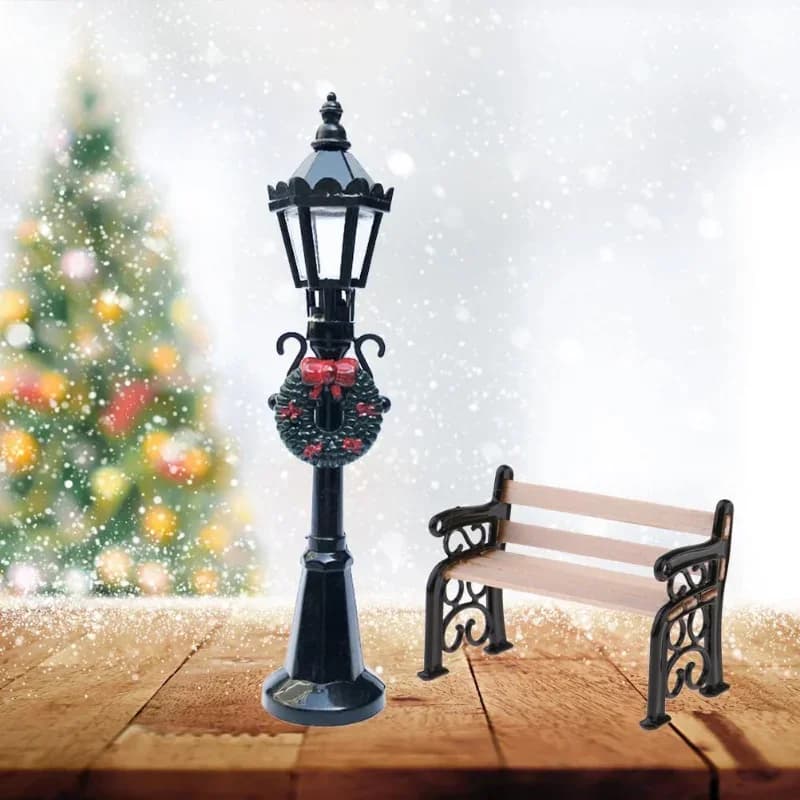 2 pezzi in miniatura lampione natalizio post parco panca sedile mini lampione modello casa delle bambole villaggio di Natale percorso giardino fatato