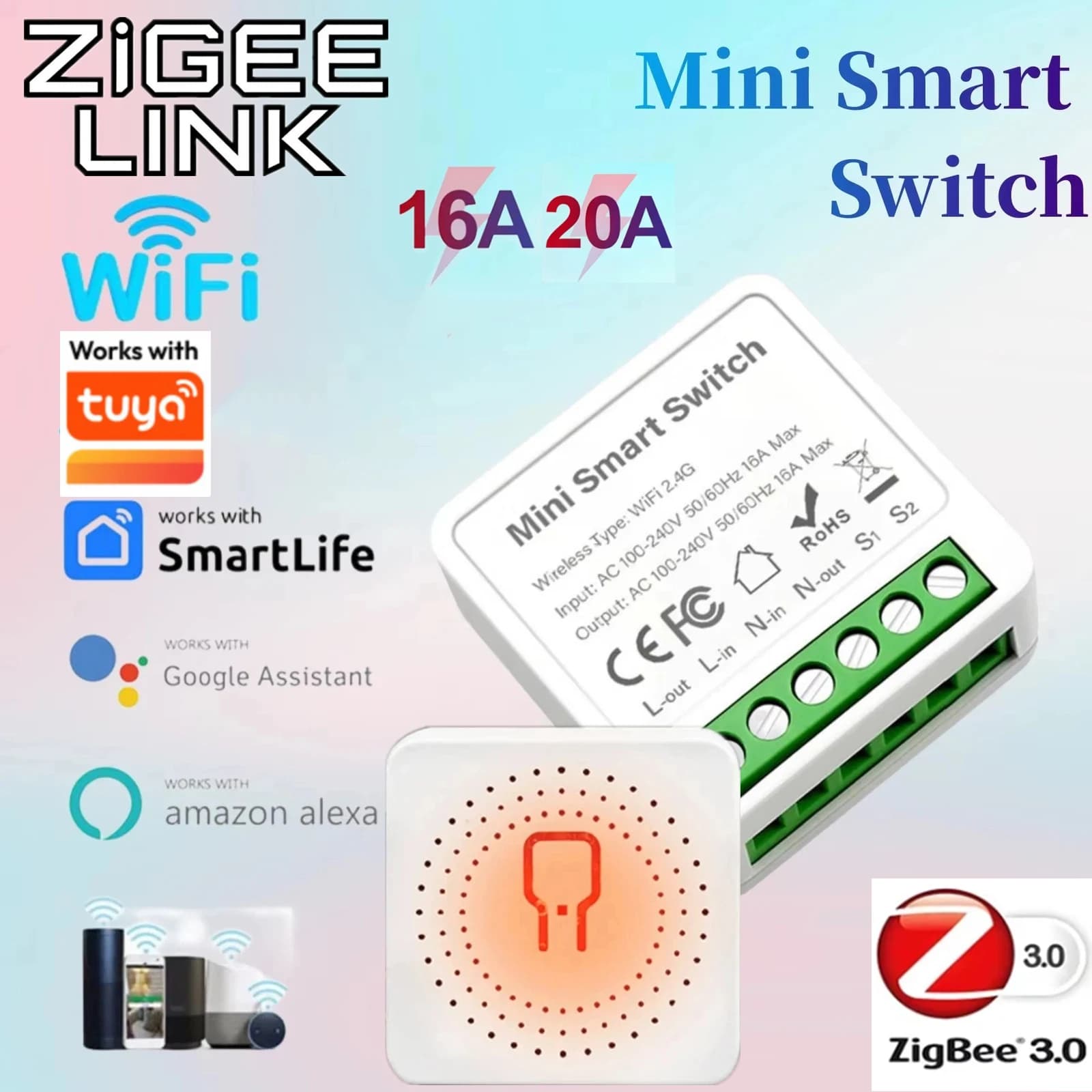 Interruttore WiFi Smart Mini Tuya 16A Zigbee, Modulo di Automazione DIY per Luci, Relè Interruttore Intelligente, Controllo a 2 Vie, Compatibile con Home Assistant