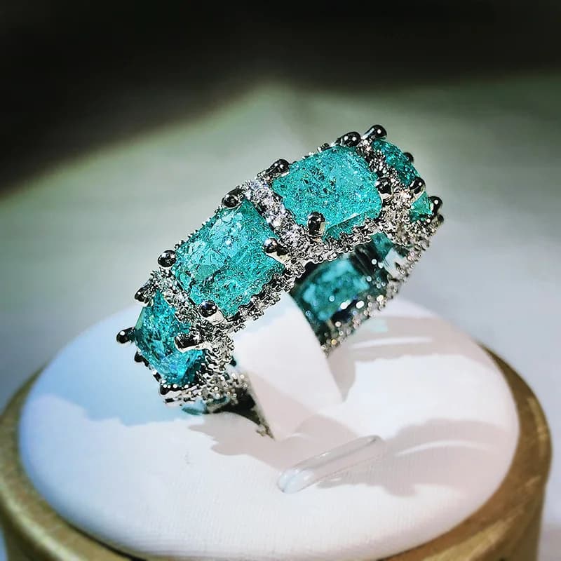 925 Stamp High-definition Paraiba Zircon Jewelry Heavy Industry Inlaid Aquamarine Topaz Ring Women's Party Birthday Gift