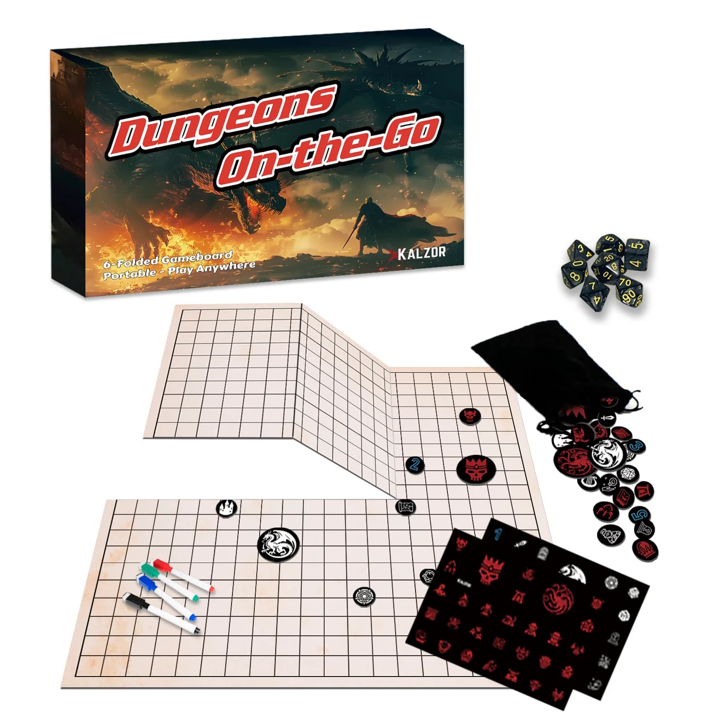 Dungeons On The Go, Set di Tappetini da Gioco Portatili in Cartone Rigido con Dadi, Gettoni, Mappa di Gioco Cancellabile per Giochi da Tavolo TTRPG D&D